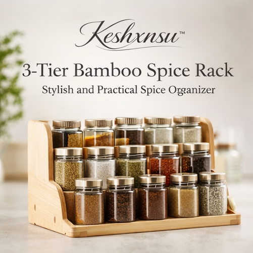 Keshxnsu™ 3-Tier Bamboo Spice Rack – Stylish and Practical Spice Organizer, Bamboo Spice Rack, Spice Organizer, Kitchen Storage, Eco-Friendly Spice Rack, Kitchen Accessories, Home Organization